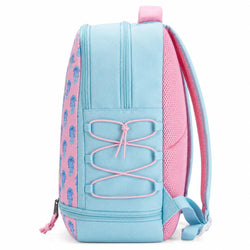 A light blue and pink backpack shown from the side, featuring a pink side panel with blue face patterns, pink mesh padding, and pink laces across the front pocket.