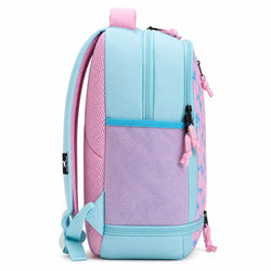 A light blue and pink backpack shown from the back, featuring a mesh back panel, a front zippered pocket with a blue trim, and pink zipper pulls, photographed on a white background.