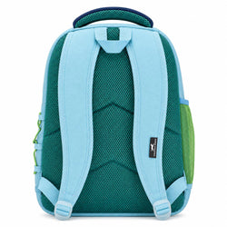 The back view of a backpack in light blue and teal mesh, featuring padded shoulder straps, a top carry handle, and a side pocket with green accents.