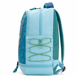 A light blue and teal backpack shown from the back, featuring a patterned teal side panel, green lacing detail on the front pocket, and a light blue padded top and shoulder straps, set against a plain white background.