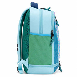 A light blue and green backpack shown from the side against a white background, featuring a mesh side pocket, a patterned side panel, and a black Yonex brand tag on the shoulder strap.