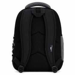 The back view of a black backpack with padded shoulder straps, a top handle, and a small black brand tag on the side, set against a plain white background.