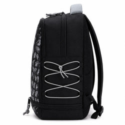 A black backpack with a gray and white patterned side panel, featuring white elastic cord details on the front pocket, shown against a plain white background.