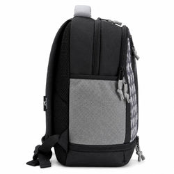 A black and gray backpack shown from the side against a plain white background, featuring a large gray mesh front pocket, black mesh side panel, and gray patterned side pocket.