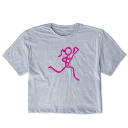 Gray crop t-shirt with a pink field hockey stick figure on a white background