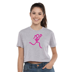 Woman wearing a gray t-shirt with a pink lacrosse sticl figure graphic on a white background