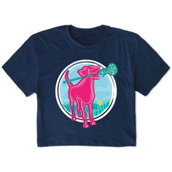 Navy blue t-shirt with a pink dog holding a lacrosse stick graphic on a white background