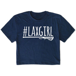 Navy blue t-shirt with '#LAXGIRL' text and lacrosse stick graphic on a white background