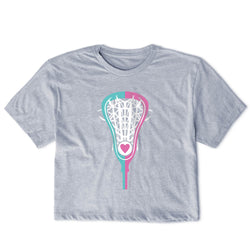 Gray t-shirt with a lacrosse stick graphic on a white background