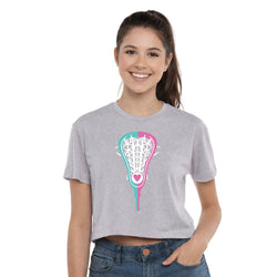 Woman wearing a gray t-shirt with a colorful lacrosse stick design on a white background