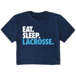 Navy blue t-shirt with 'EAT. SLEEP. LACROSSE.' text on a white background
