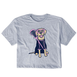 Gray t-shirt with a graphic of a dog holding a lacrosse stick on a white background