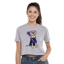 Person wearing a gray t-shirt with a dog graphic holding a lacrosse stick on a white background
