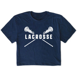 Navy blue t-shirt with white lacrosse design and text on a white background