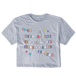 Gray t-shirt with colorful graphic design on a white background