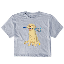 Gray t-shirt with a dog holding a lacrosse stick graphic on a white background