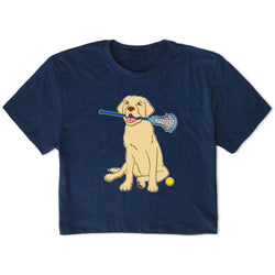 Navy blue t-shirt with a dog holding a lacrosse stick graphic on a white background