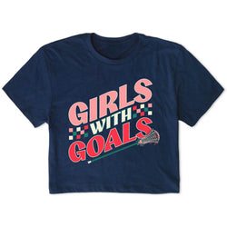Navy blue t-shirt with 'Girls with Goals' text and lacrosse stick graphic on a white background