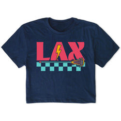 Navy blue t-shirt with 'LAX' design featuring a lacrosse stick on a white background