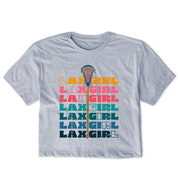 Gray t-shirt with 'LAX GIRL' text and lacrosse stick design on a white background