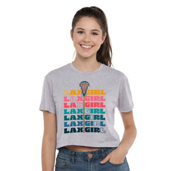 Woman wearing a gray t-shirt with 'LAX GIRL' text and lacrosse stick design on a white background