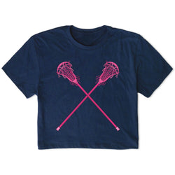 Navy blue t-shirt with pink lacrosse sticks design on a white background