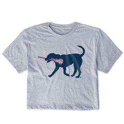 Gray t-shirt with a navy dog holding a lacrosse stick graphic on a white background