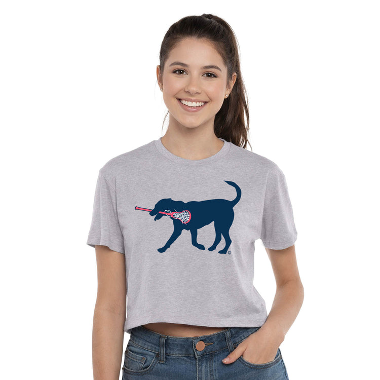 Girls Lacrosse Short Sleeve Crop Tee - LuLa The LAX Dog (Blue)