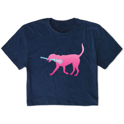 Navy blue t-shirt with a pink dog graphic holding a lacrosse stick on a white background