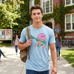 Young man wearing a blue t-shirt with a pink ice cream cone graphic on a school campus.