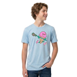Person wearing a light blue t-shirt with a colorful ice cream lacrosse graphic design on a white background