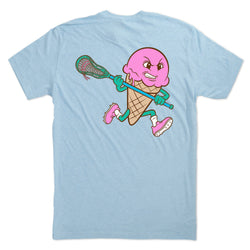 Light blue t-shirt with a pink ice cream cone character playing lacrosse on the back.