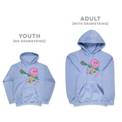 Light blue hoodie with cartoon ice cream character design on a white background