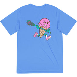 Blue t-shirt with a pink ice cream cone character holding a lacrosse stick on a white background