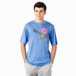 Person wearing a blue t-shirt with a cartoon ice cream cone character holding a lacrosse stick on a white background