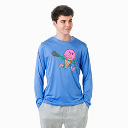 Person wearing a blue long-sleeve shirt with a pink ice cream cone character holding a lacrosse stick on a white background