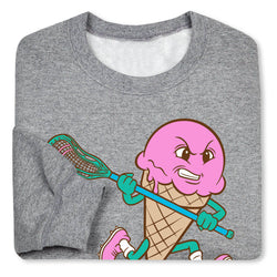 Gray sweatshirt with a pink ice cream cone character holding a lacrosse stick on a white background