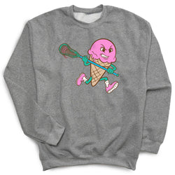 Gray sweatshirt with a pink ice cream cone character holding a lacrosse stick on a white background