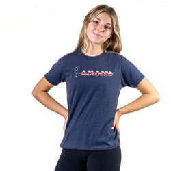 Woman wearing a blue t-shirt with a patriotic lacrosse script design on a white background