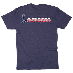 Navy blue t-shirt with 'Lacrosse' in American flag design on a white background