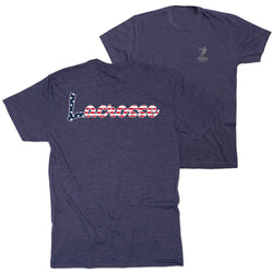 Navy blue t-shirt with 'Lacrosse' text in American flag design on a white background