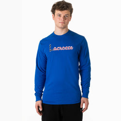 Person wearing a blue long-sleeve shirt with a patriotic lacrosse script design on a white background