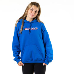 Person wearing a royal blue hoodie with a patriotic lacrosse script design