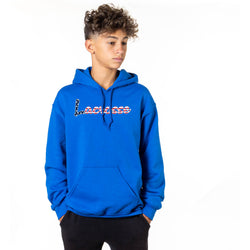 Person wearing a royal blue hoodie with patriotic script lacrosse design