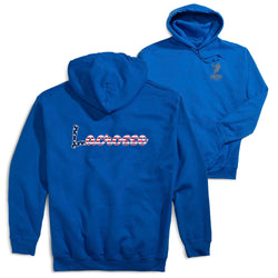 Blue hoodie with 'Lacrosse' text on the back.