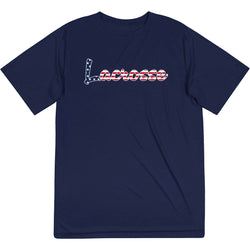 Navy tech tee with a patriotic lacrosse script design.