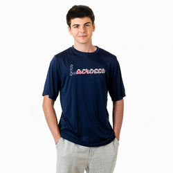 Person wearing a navy blue t-shirt with a lacrosse script on a white background