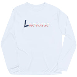 White long sleeve tee with patriotic lacrosse script design.