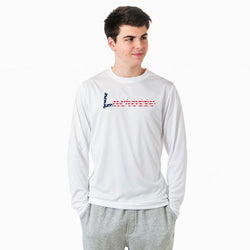 Person wearing a white long-sleeve shirt with a patriotic lacrosse logo on a white background