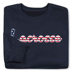 Navy sweatshirt with lacrosse script text folded.